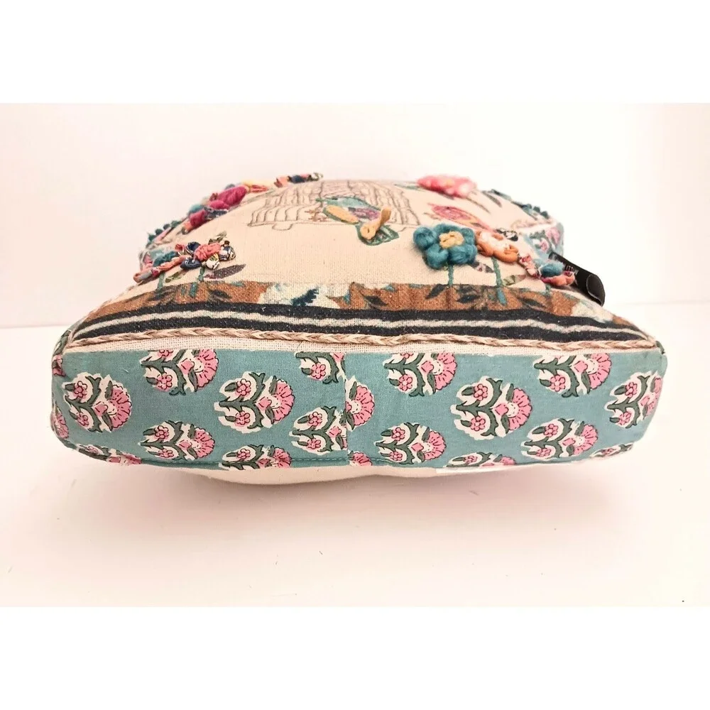 Milli Home Embroidered Birdhouse Accent Pillow Cottage Core Yarn Flowers Shaped